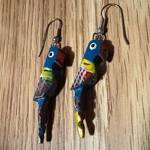 VINTAGE HANDPAINTED WOODEN MULTICOLORED PARROT DANGLE HOOK 2.3" EARRINGS